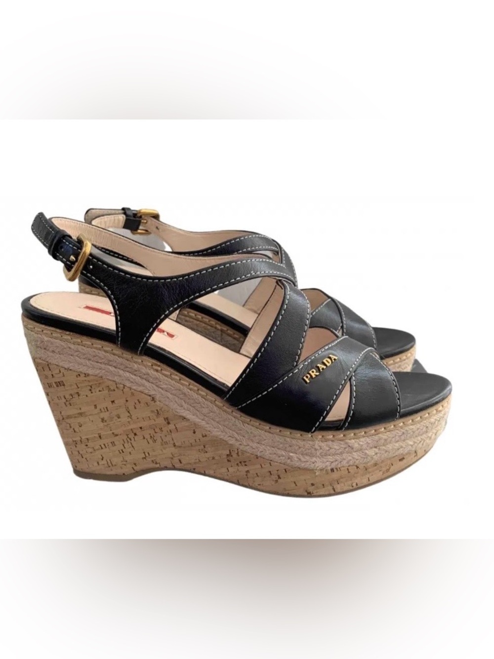 Prada Linea Rossa Black Patent Cork Platform Strappy Wedges, Size 8.5 (38.5EU)